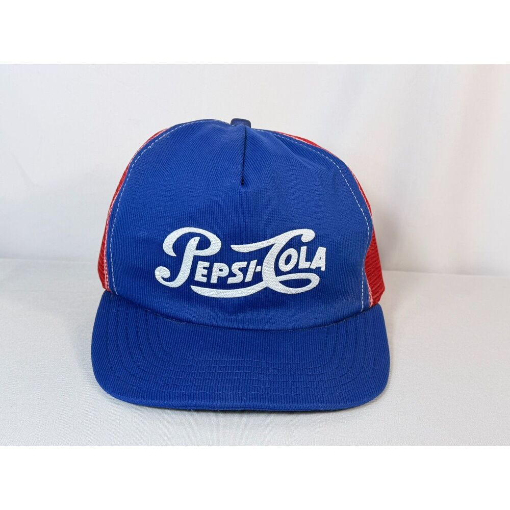 Vtg 1980s Pepsi Cola 3 Strip Blue Trucker Snapback Mesh Promo Hat Advertisement